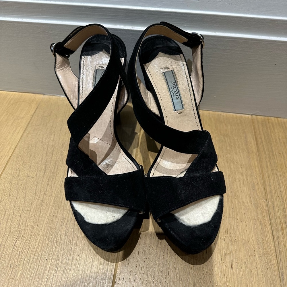 Prada Milano Black Suede Strappy Heels Size 36 US 5.5 Pumps EUC